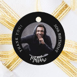 Black white custom photo man guy birthday favour tags<br><div class="desc">A classic black background. Text: Happy birthday (x2) Personalize and add a name,  age and photo.
Back: add your thank you note.</div>