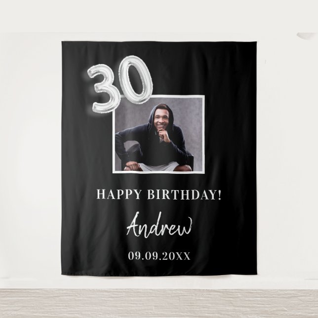 Black white custom photo name guy 30th birthday tapestry (Front)