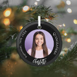 Black white custom photo Quinceanera Glass Ornament<br><div class="desc">A classic black background. Personalize and add a name,  date,  age and photo.</div>