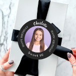Black white custom photo Sweet 16 Classic Round Sticker<br><div class="desc">A classic black background. Text: Happy birthday (x2) Personalize and add a name,  and photo.</div>