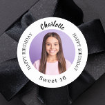 Black white custom photo Sweet 16 Classic Round Sticker<br><div class="desc">A classic white background,  black text. Text: Happy birthday (x2) Personalize and add a name,  and photo.</div>