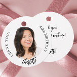Black white custom photo thank you birthday favour tags<br><div class="desc">A classic white background,  black text. Text: Happy birthday (x2) Personalize and add a name,  age and photo.
Back: add your thank you note.</div>