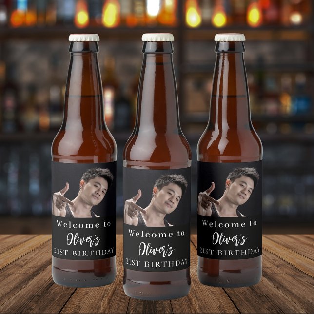 Black white custom photo welcome birthday beer bottle label (Creator Uploaded)