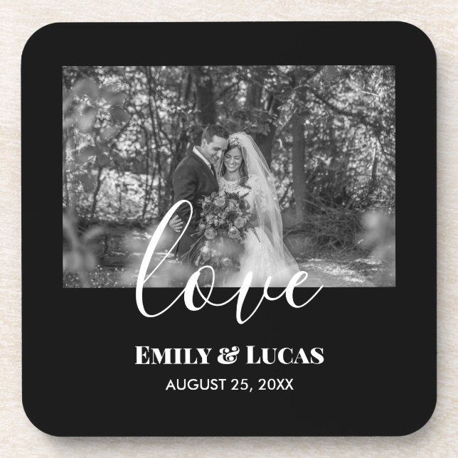 Black White Custom Wedding Photo Simple Elegant Coaster (Front)