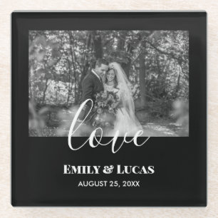 Black White Custom Wedding Photo Simple Elegant Glass Coaster