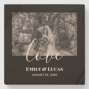 Black White Custom Wedding Photo Simple Elegant Stone Coaster