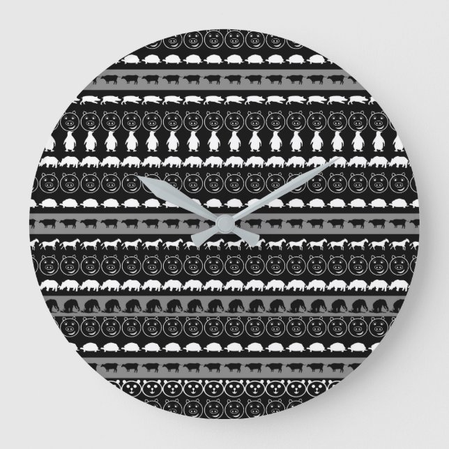 Black White Cute Animals Pattern #2 Large Clock (Front)