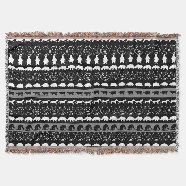 Black White Cute Animals Pattern #2 Throw Blanket (Front)