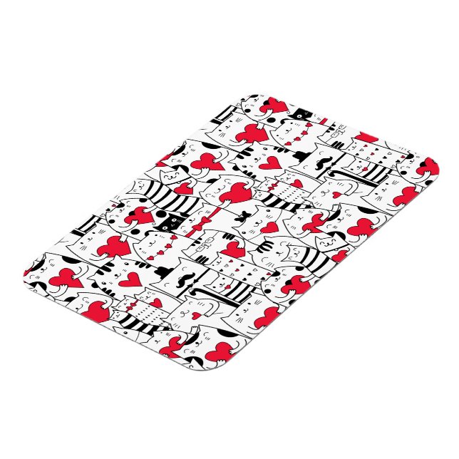 Black White Cute Cat Red Heart Magnet (Left Side)