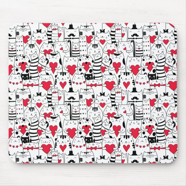 Black White Cute Cat Red Heart Mouse Pad (Front)