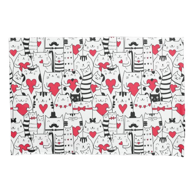 Black White Cute Cat Red Heart Pillowcase (Front)