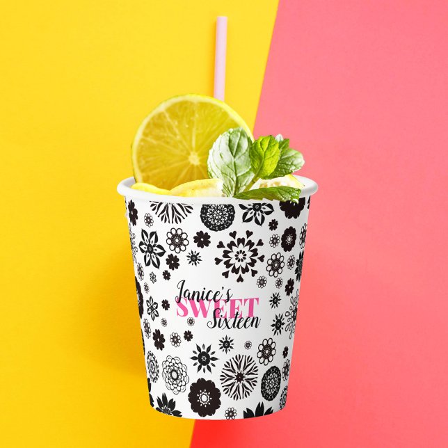 Black White Cute Floral Sweet 16 Personalized Name Paper Cups (Creator Uploaded)