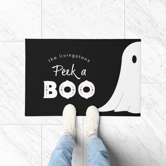 Black White Cute Peek a Boo Ghost Halloween Doormat (Indoor)