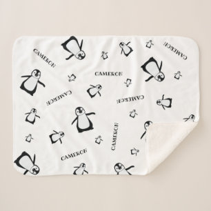 Black white Cute Penguin Personalized baby Sherpa Blanket