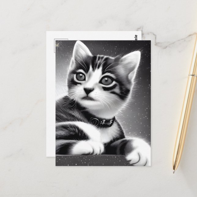 Black & White Cute Retro Kitten Postcard (Front/Back In Situ)