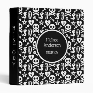 Black & White Cute Skull Goth Horror Pattern Name Binder