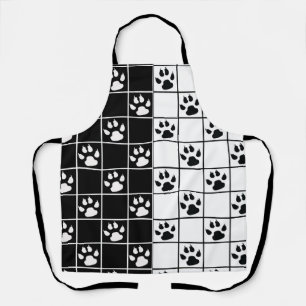Black White Cute Windowpane Paw Plaid Apron