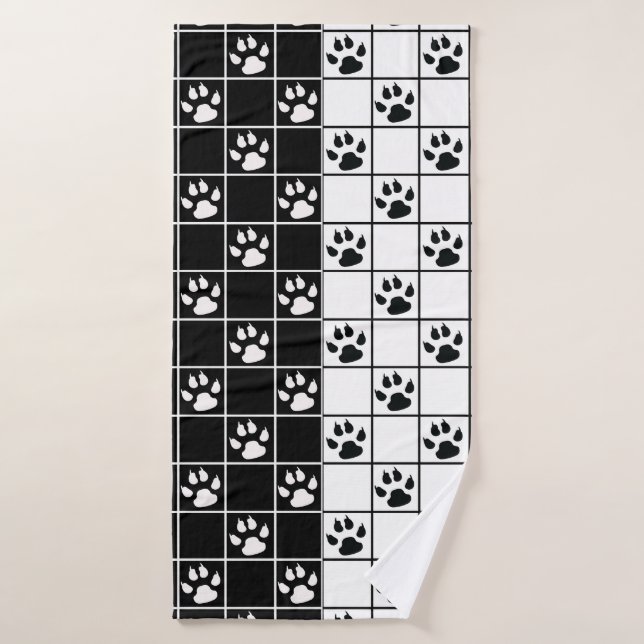 Black White Cute Windowpane Paw Plaid Bath Towel (Bath Towel)