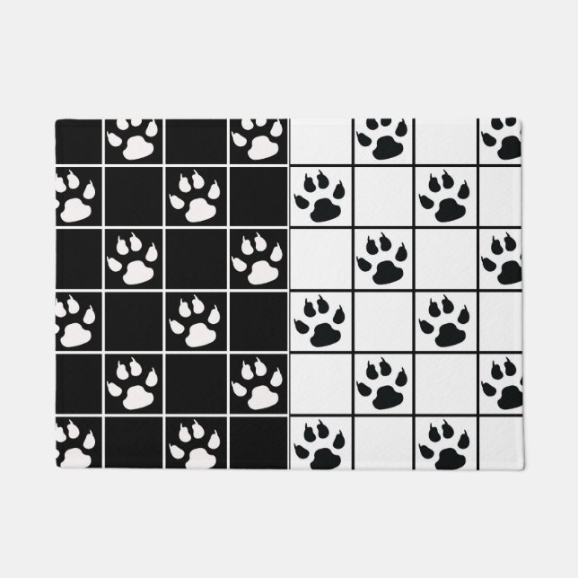 Black White Cute Windowpane Paw Plaid Doormat (Front)