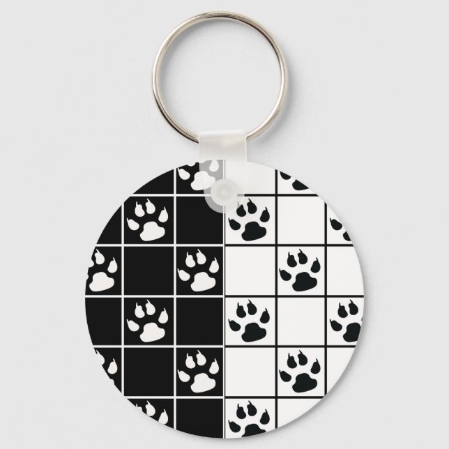 Black White Cute Windowpane Paw Plaid Keychain (Front)
