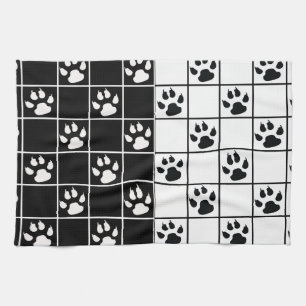 Black White Cute Windowpane Paw Plaid Kitchen Towel