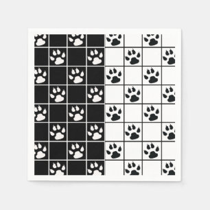 Black White Cute Windowpane Paw Plaid Napkin
