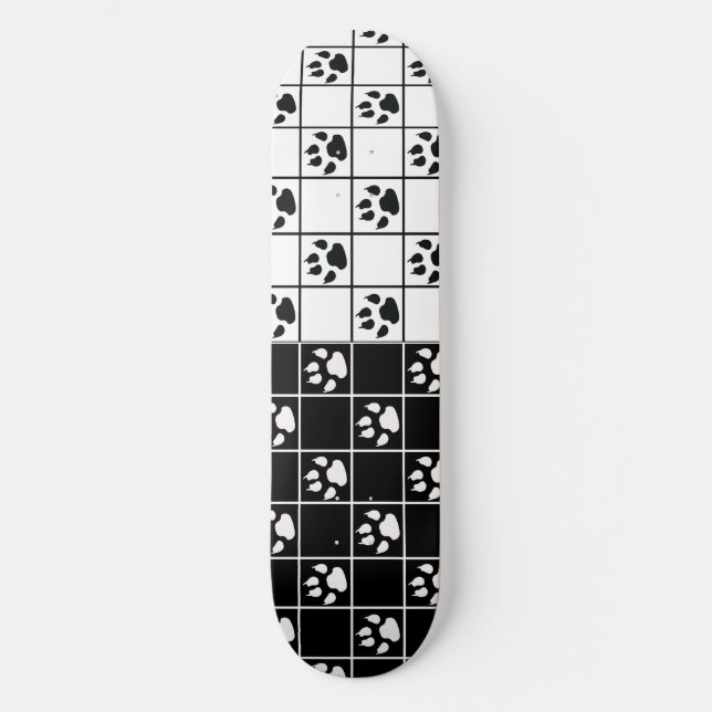 Black White Cute Windowpane Paw Plaid Skateboard (Front)