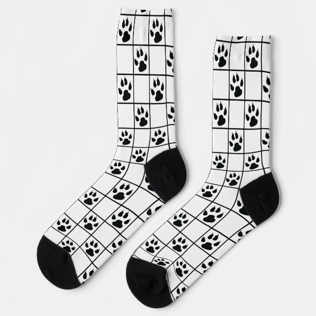 Black White Cute Windowpane Paw Plaid Socks (Left)