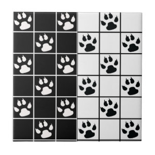 Black White Cute Windowpane Paw Plaid Tile
