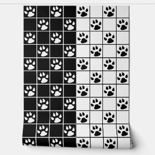 Black White Cute Windowpane Paw Plaid Wallpaper