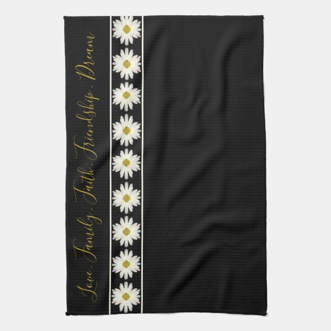 Black White Daisy Designed Kitchen Towel (Vertical)