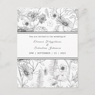 Black & white daisy flower wedding invitation postcard