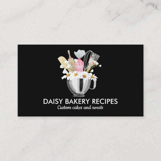 Black White Daisy Flowers Bakery Tools Design Business Card (Front)