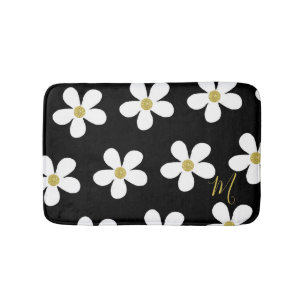 Black White Daisy Pattern Simple Floral  Gold Bath Mat