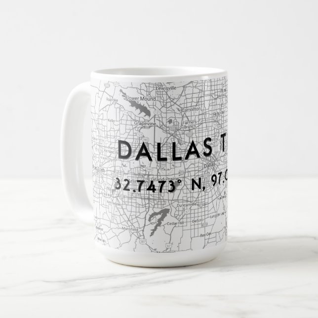 Black & White Dallas Texas Map Custom Coordinates Coffee Mug (Front Left)