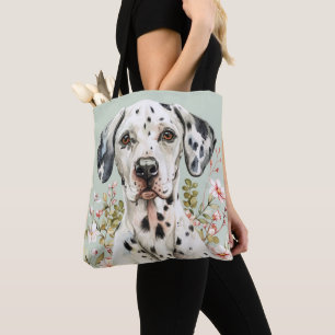 BLACK & WHITE DALMATIAN DOG WITH WILDFLOWERS TOTE BAG