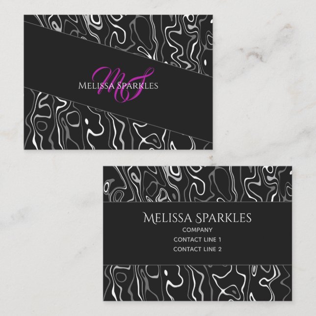 Black white damascus abstract pattern Monogram Business Card (Front/Back)