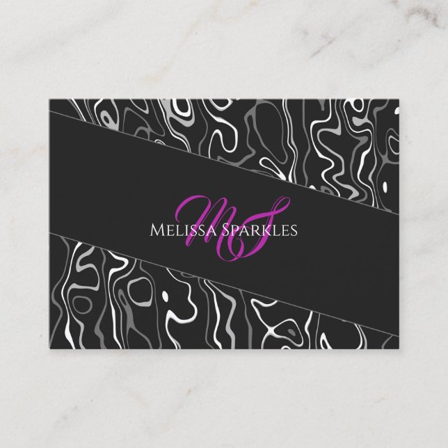 Black white damascus abstract pattern Monogram Business Card (Front)