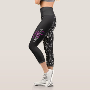 Black white damascus abstract pattern Monogram Capri Leggings
