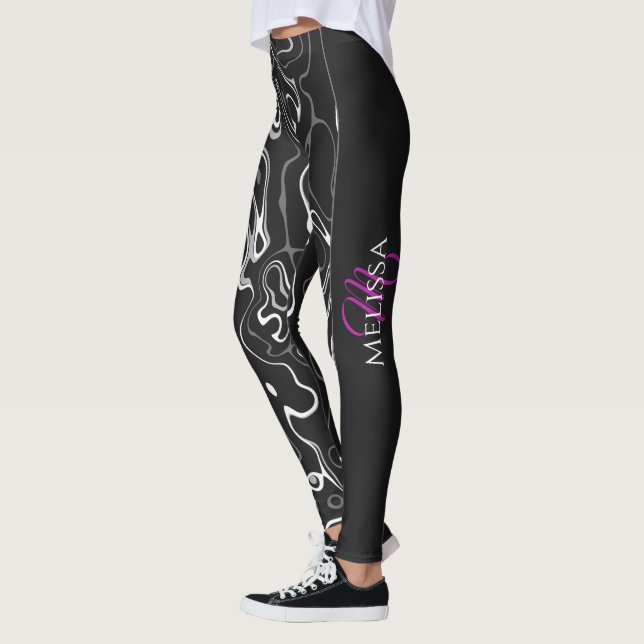 Black white damascus abstract pattern Monogram Leggings (Left)