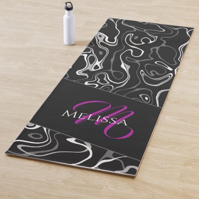 Black white damascus abstract pattern Monogram Yoga Mat (In Situ)
