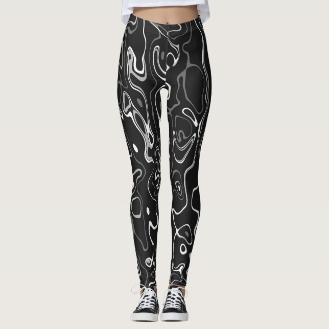 Black white damascus abstract swirls cool pattern leggings (Front)
