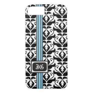 Black white damask and blue band with initials Case-Mate iPhone case