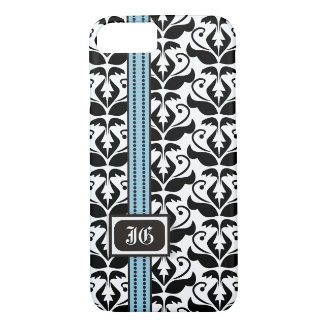 Black white damask and blue band with initials Case-Mate iPhone case (Back)