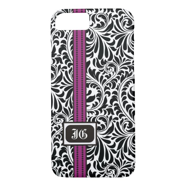 Black white damask and purple band with initials Case-Mate iPhone case (Back)