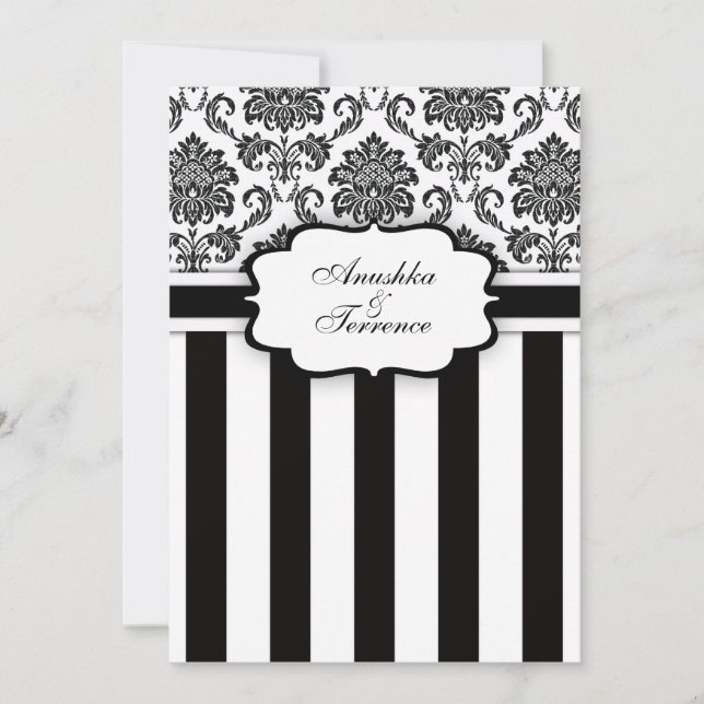Black White  Damask and Stripes Wedding Invitation (Front)
