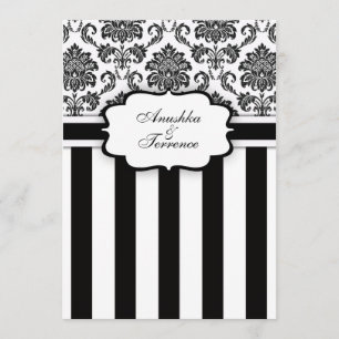 Black White  Damask and Stripes Wedding Invitation