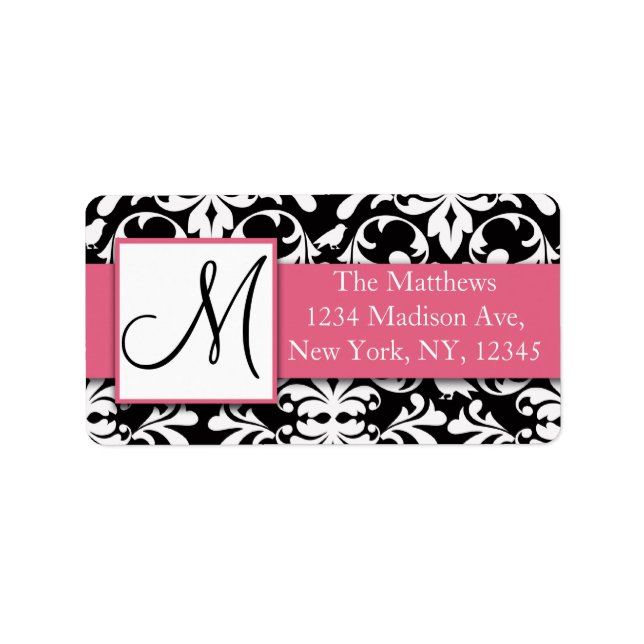 Black White Damask Birds Pink Address Label (Front)
