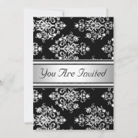 Black White Damask Birthday Party Invitation