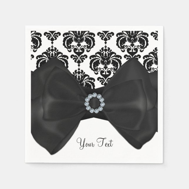 Black & White Damask Bling Bow Glam Sweet 16 Party Napkin (Front)